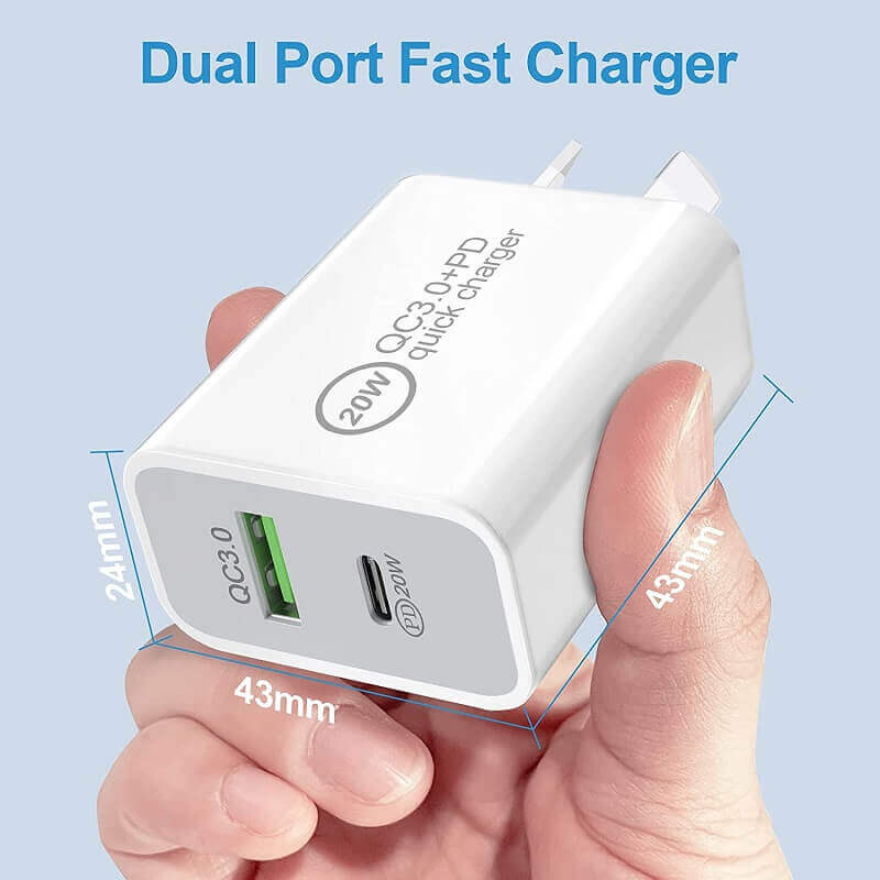 A person holding a 20W SupRShield Dual PD & USB Type-C Fast Charging Wall Plug Charger Adapter from Generic. The compact white charger, measuring 24mm by 43mm by 43mm, features the text "QC3.0+PD quick charger" and includes two ports: one USB-A and one USB Type-C, making it an efficient solution for fast charging needs.