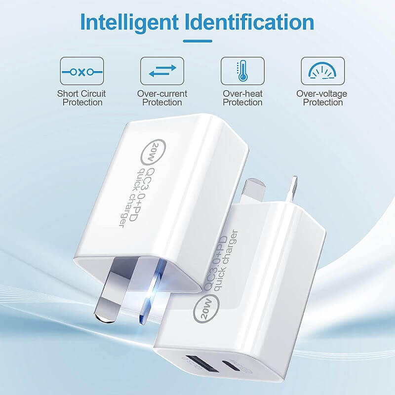 Image of two Generic 20W SupRShield Dual PD & USB Type-C Fast Charging Wall Plug Chargers against a blue background. Icons indicate protections for short circuit, over-current, over-heat, and over-voltage.