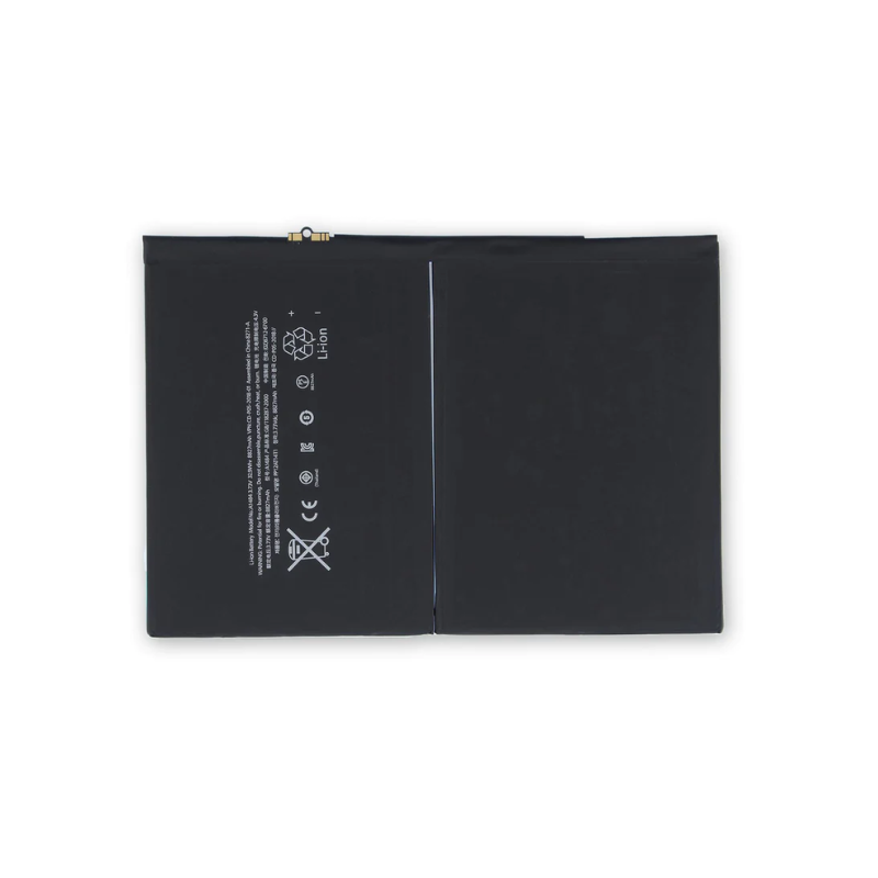 The Cirrus-link iPad Air 2 / Air 2nd Gen Replacement Battery Equivalent A1547 is rectangular and black with white safety symbols and text, shown on a white background.