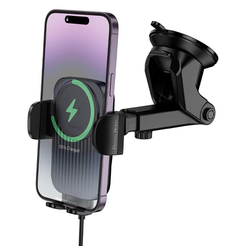 The Borofone BH222 Leading Qi Wireless Fast Charging Car Mount by Borofone is a black car charger with a suction cup, charging indicator, and smartphone holder—ideal as a windshield phone mount.