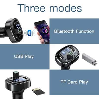 Image of the Baseus Wireless Bluetooth FM Transmitter & MP3 Music Player with Dual USB Car Charger by BASEUS, divided into three sections showcasing its three modes: Bluetooth Function, USB Play, and TF Card Play. Each section features an icon or image representing the respective mode. Additionally, it functions as a Dual USB Car Charger and an MP3 Music Player.