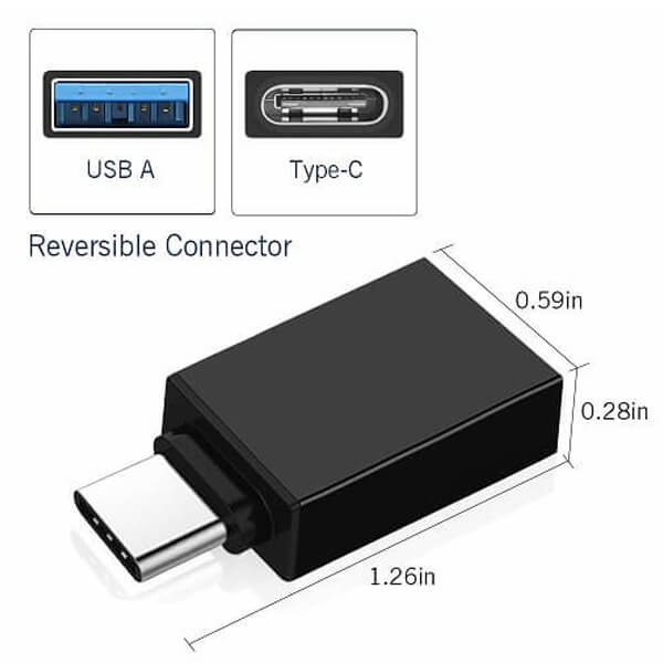Image showing the Generic USB Type-C to OTG Adapter with dimensions 1.26in by 0.59in by 0.28in. This versatile USB Type-C to OTG Adapter - USB 3.1 Male to USB 3.0 Female Converter for MacBook Pro, Air & iPad Pro (Black) enables high-speed data transfer and features both Type-C and USB A ports, making connectivity seamless and efficient.