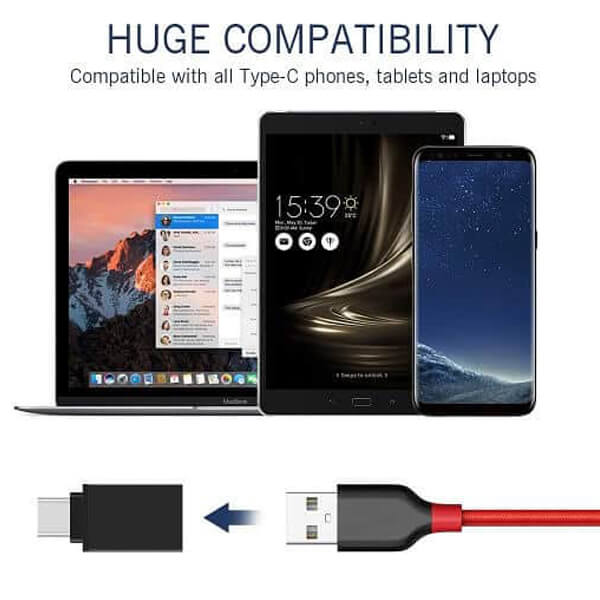 Image displaying a Generic USB Type-C to OTG Adapter - USB 3.1 Male to USB 3.0 Female Converter for MacBook Pro, Air, and iPad Pro in black, alongside a laptop, tablet, and smartphone. Text reads, "HUGE COMPATIBILITY - Compatible with all Type-C phones, tablets, and laptops. High-Speed Data Transfer guaranteed.