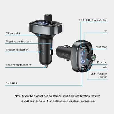 The Baseus Wireless Bluetooth FM Transmitter & MP3 Music Player with Dual USB Car Charger by BASEUS features a black design with a TF card slot, dual USB ports, LED screen, multi-function button, previous/next song buttons, microphone, and contact points. Note for storage requirement included.