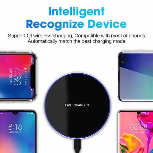 A circular wireless charging pad from Generic labeled "10W Qi Wireless Fast Charging Pad" is surrounded by four different smartphones. The text above reads "Intelligent Recognize Device," highlighting its compatibility with most phones, including iPhone, and 10W Qi wireless fast charging support.