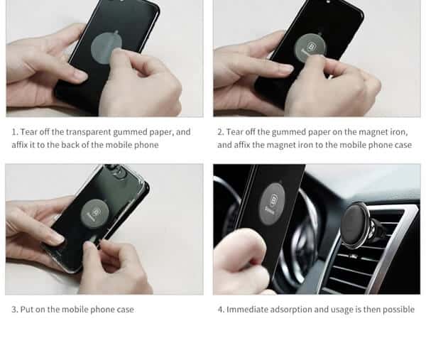 Step-by-step images show how to use the BASEUS Magnetic 360° Car Phone Holder: attach the magnet to your phone, put on the case, then mount it on the air vent using the Baseus holder, which also features a handy cable clip.