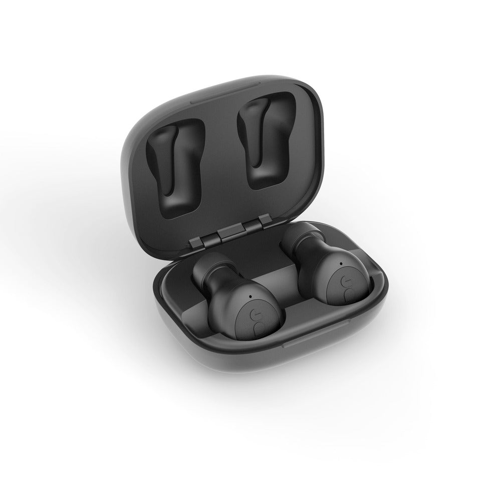 The JAM-AUDIO Live Loud TWS BT Headset in black, sweat resistant and built for hands-free calling, is shown resting in an open charging case against a white background.