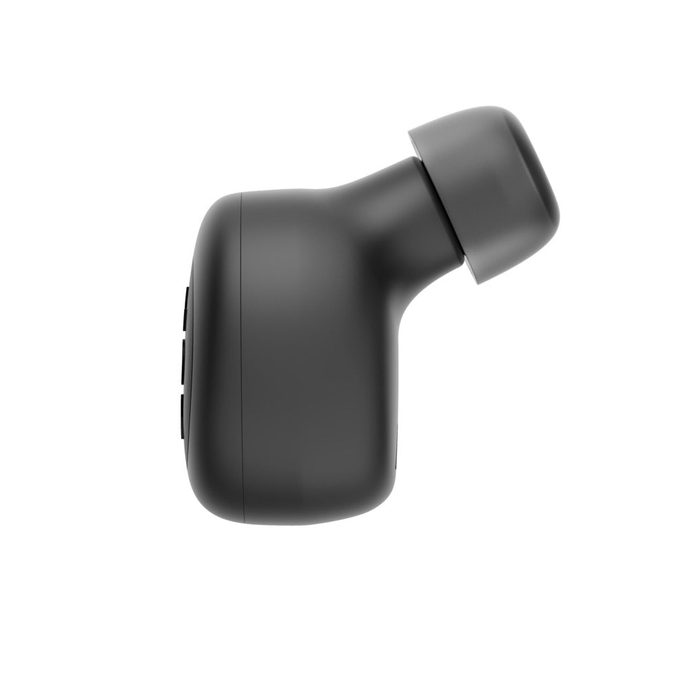 The JAM-AUDIO Jam Audio Live Loud TWS BT Headset in black is featured in a side profile view against a white background, showcasing its sleek design and sweat resistance for comfortable, hands-free calling.
