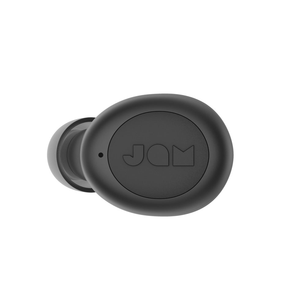 A single black Jam Audio Live Loud TWS BT wireless earbud by JAM-AUDIO, featuring sweat resistance and "JAM" branding on the outer surface, is displayed against a white background.