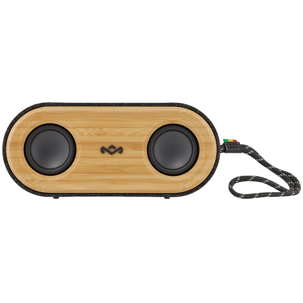 The MARLEY House of Marley Get Together Mini 2 is a compact rectangular Bluetooth 5.0 speaker with a bamboo front panel, two round black speakers, and a right-side braided strap—ideal for music on the go.