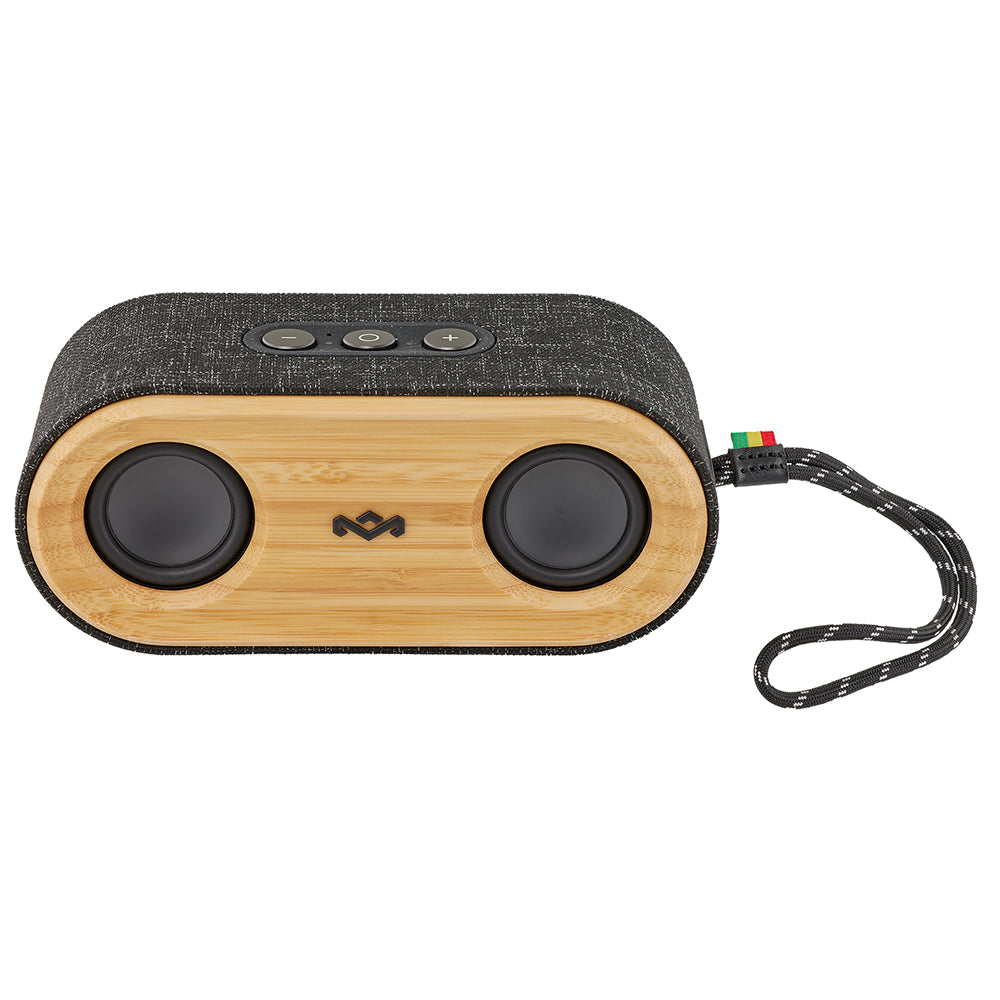 The MARLEY House of Marley Get Together Mini 2 Bluetooth 5.0 speaker features a bamboo front, dual circular speakers, fabric covering, top control buttons, and a side wrist strap—delivering quality sound wherever you go.