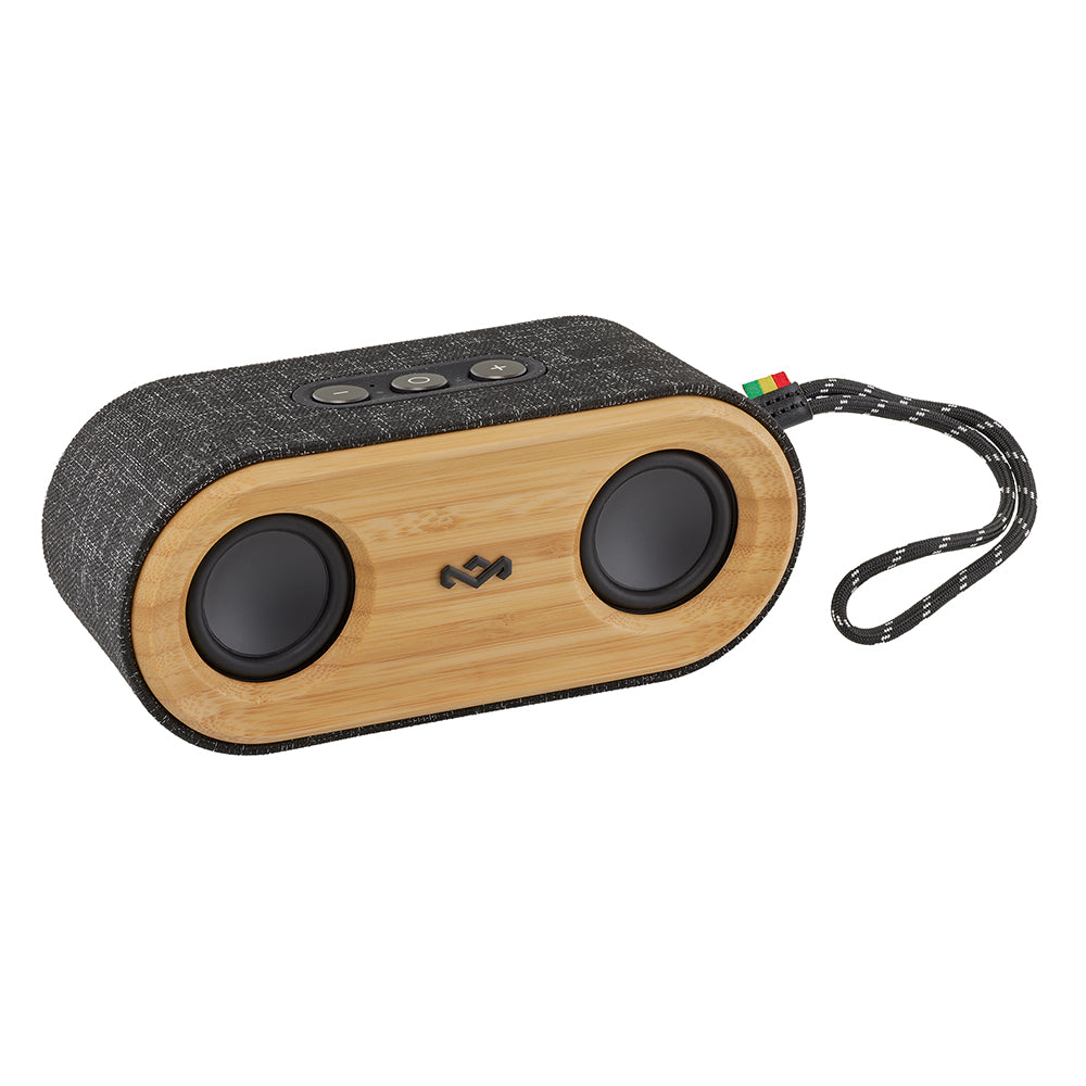 The MARLEY House of Marley Get Together Mini 2 is a compact portable Bluetooth 5.0 speaker with a rectangular bamboo front, dual circular speakers, fabric sides, top control buttons, and a looped carrying strap.