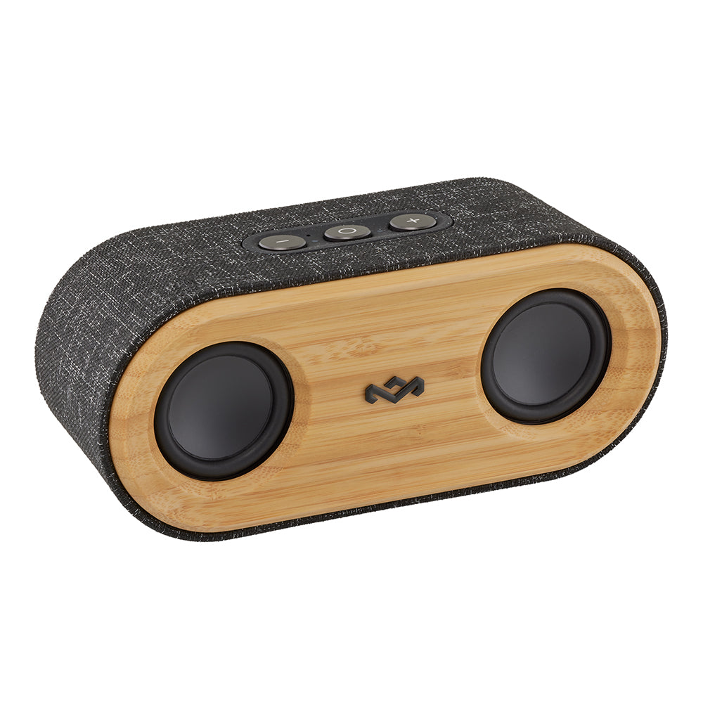 The MARLEY House of Marley Get Together Mini 2 Bluetooth speaker features a bamboo front panel, black fabric covering, two round speakers, Bluetooth 5.0, and three top control buttons.
