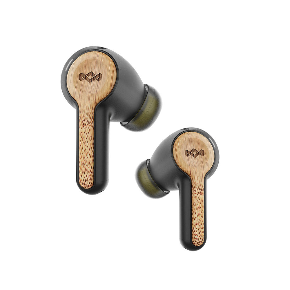 The MARLEY House of Marley Rebel True Wireless Earbuds feature a black body with wood accents and engraved logos, shown on a white background, and come with noise-isolating ear tips for immersive listening.