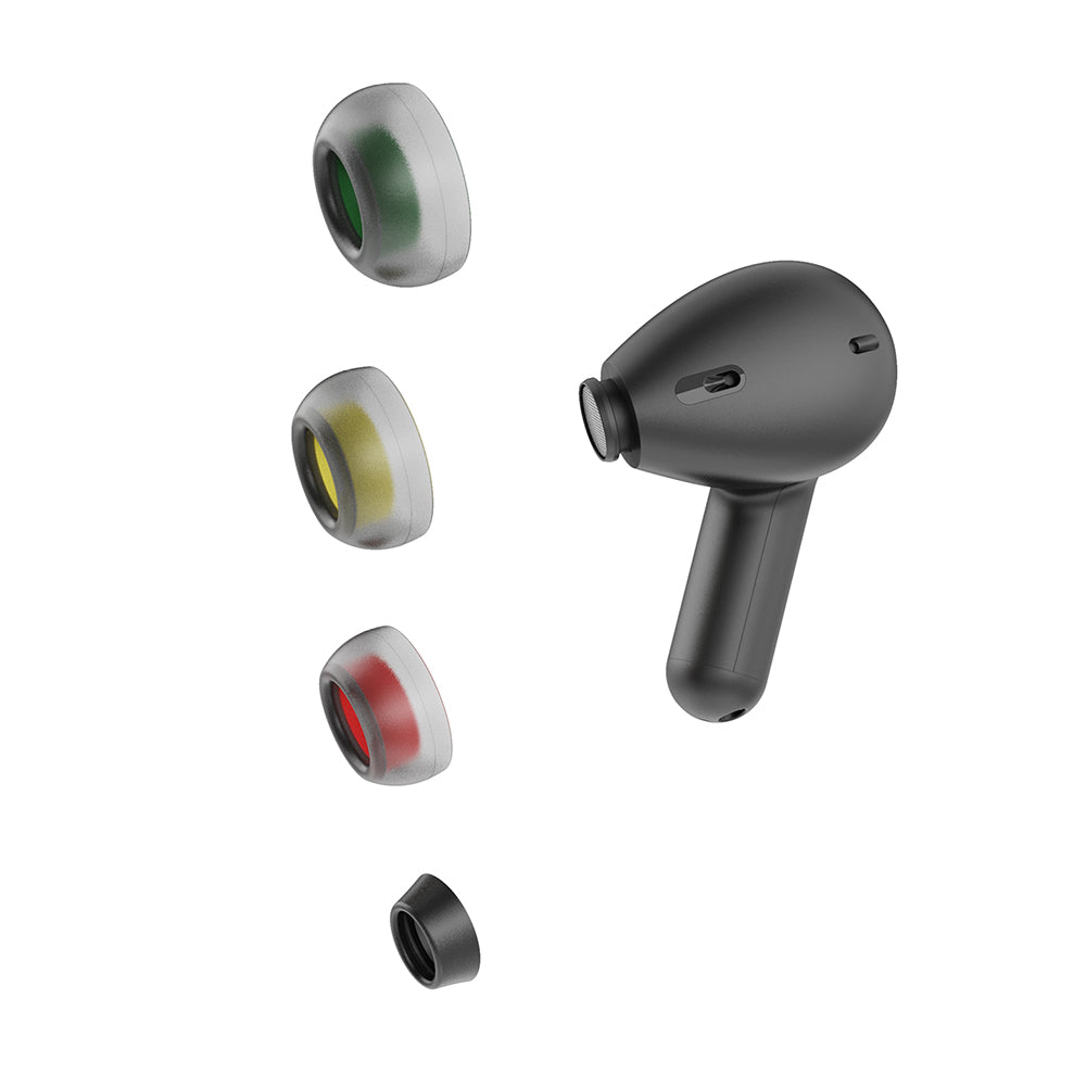 The MARLEY House of Marley Rebel True Wireless Earbuds in black feature Echo Noise Cancellation and come with four noise-isolating ear tips in green, yellow, red, and black shown beside them.