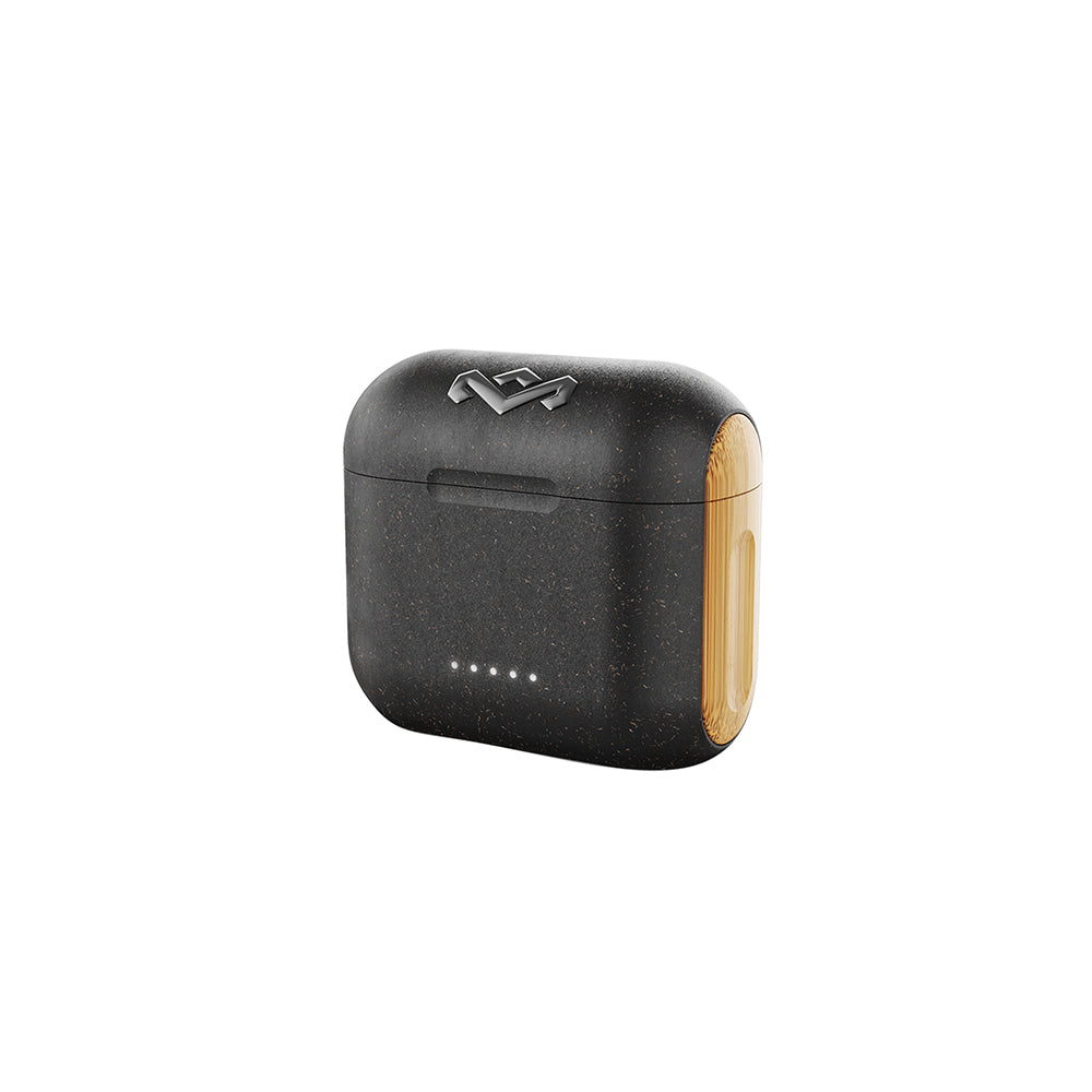 The MARLEY House of Marley Rebel True Wireless Earbuds come in a black and brown portable case with a logo on top, four front indicator lights, and include noise-isolating ear tips.