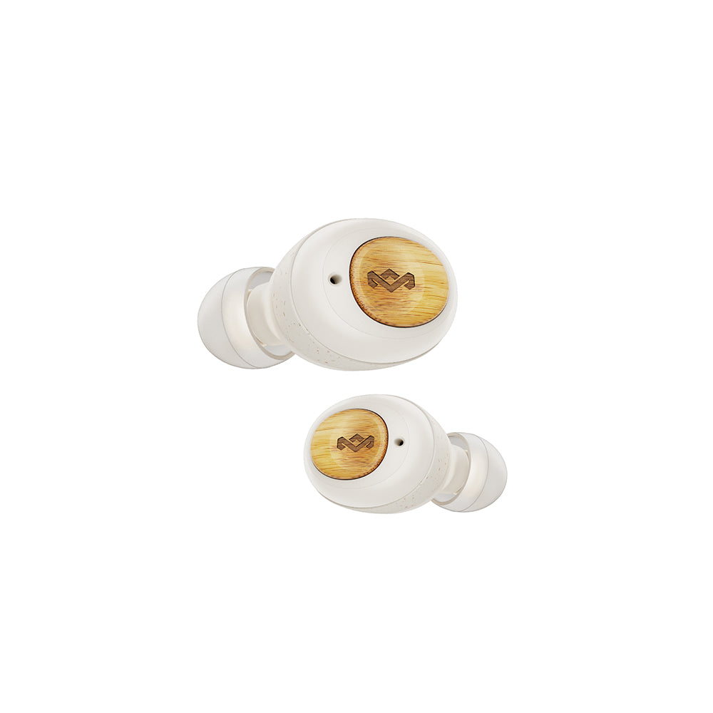 The MARLEY House of Marley Champion TWS Earbuds, white with light wooden accents and a subtle logo on each earbud, deliver reliable Bluetooth performance. Shown against a plain white background.