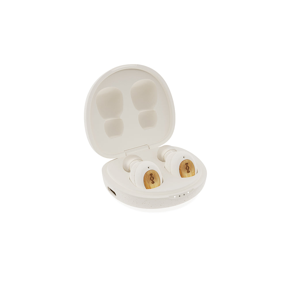 The MARLEY House of Marley Champion - TWS Earbuds are white true wireless earbuds with wooden accents, stored in a matching charging case, and deliver excellent Bluetooth performance.
