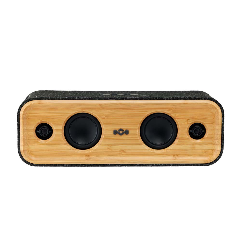 The MARLEY House of Marley Get Together 2 Bluetooth speaker features a bamboo front, two large black drivers, two tweeters, and a central logo—delivering powerful sound in a stylish and portable design.