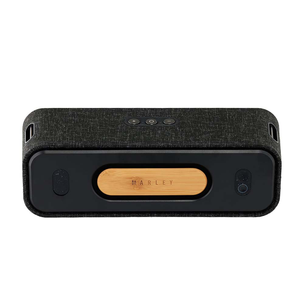 The House of Marley Get Together 2 is a rectangular black Bluetooth speaker featuring a fabric texture, wooden MARLEY accent, and top control buttons—a stylish, portable speaker.