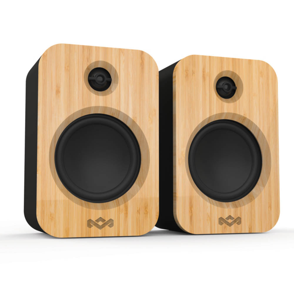 Two rectangular wooden MARLEY House of Marley Get Together Duo Bluetooth wireless speakers with black sides and front-facing circular drivers, placed side by side, deliver premium sound quality.