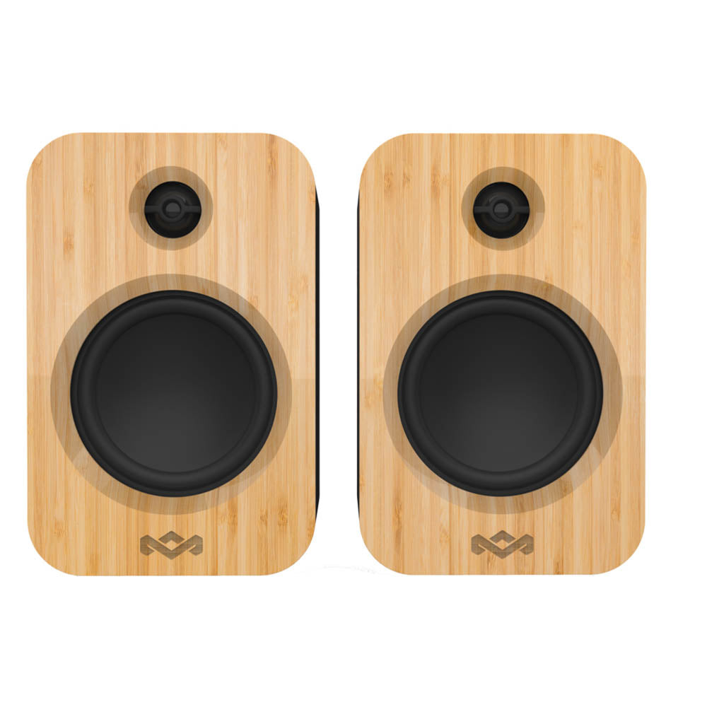 Two rectangular MARLEY House of Marley Get Together Duo Bluetooth wireless speakers feature black circular woofers and tweeters plus a small logo at the bottom, delivering premium sound quality.