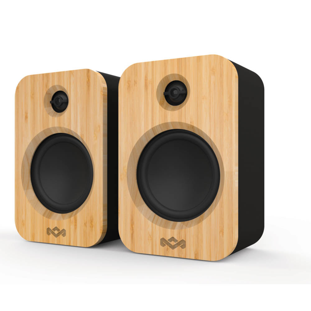 The MARLEY House of Marley Get Together Duo are rectangular Bluetooth wireless speakers with black sides and bamboo wood fronts, each featuring a woofer and tweeter for premium sound quality in any room.