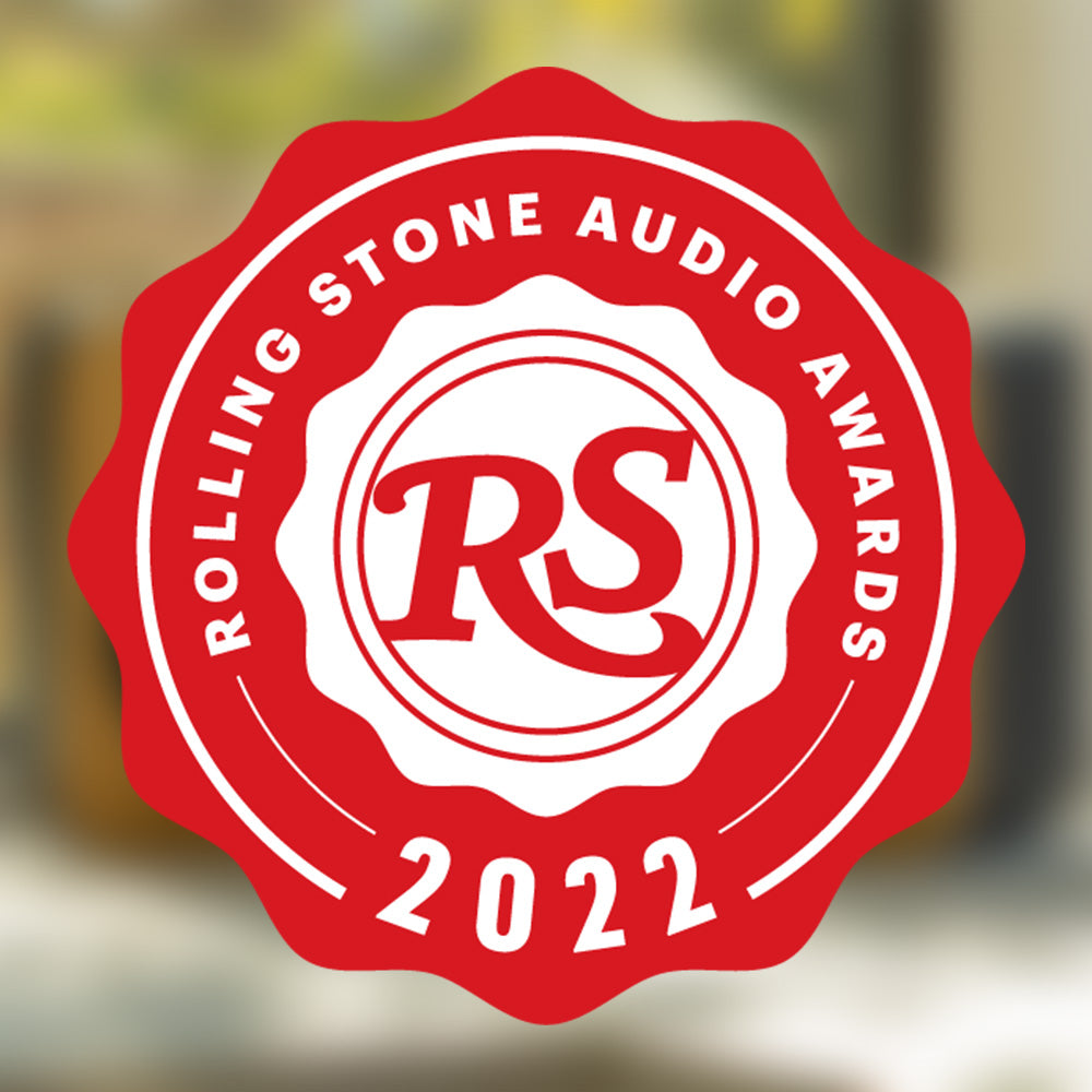 Red and white "Rolling Stone Audio Awards 2022" badge with "RS" in the center, celebrating MARLEY House of Marley Get Together Duo Bluetooth wireless speakers for their premium sound quality.