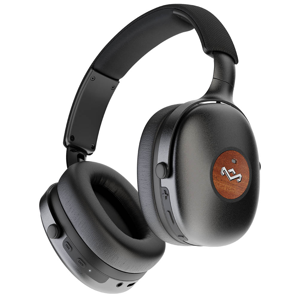 Experience immersive sound and powerful bass with the MARLEY House of Marley Positive Vibration - XL ANC Headphones—over-ear black wireless headphones with cushioned ear pads, padded headband, wooden accents, and a white logo on the ear cup.