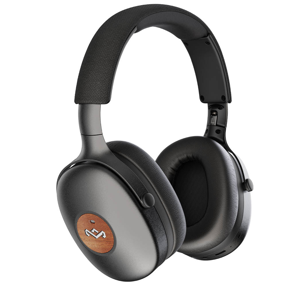 The MARLEY House of Marley Positive Vibration - XL ANC Headphones feature cushioned ear pads, a wood accent, metallic logo, powerful bass, and advanced ANC for immersive sound.