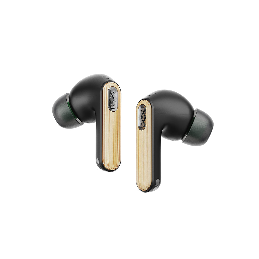 The MARLEY House of Marley Redemption ANC 2 Wireless Earbuds in black feature wood-textured accents, silicone ear tips, visible controls, and provide a premium audio experience.