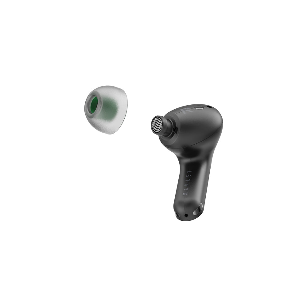 The MARLEY House of Marley Redemption ANC 2 Wireless Earbuds in black are shown with a detached silicone ear tip against a white background, delivering immersive audio.