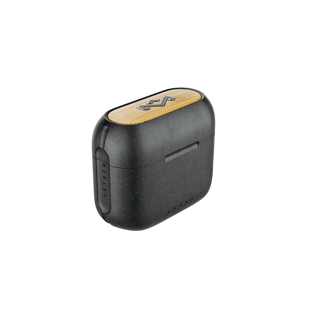 The MARLEY House of Marley Redemption ANC 2 wireless earbuds in black feature a wood-textured charging case with logo, designed for ANC and premium audio, shown against a plain white background.