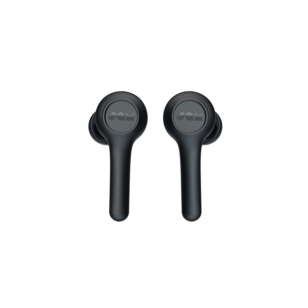 The JAM-AUDIO Jam True Wireless In-Ear Executive Headphones in black feature short stems and are shown side by side on a white background, delivering true wireless freedom and hands-free calling.