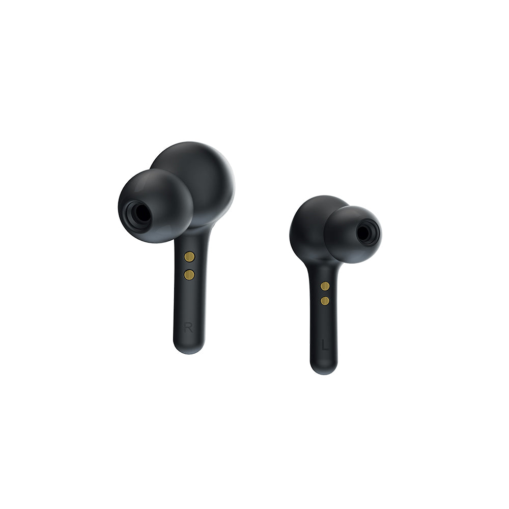 The JAM-AUDIO Jam True Wireless In-Ear Executive Headphones in black are shown with "R" and "L" labels and dual gold contact points, offering true wireless freedom and hands-free calling against a white background.