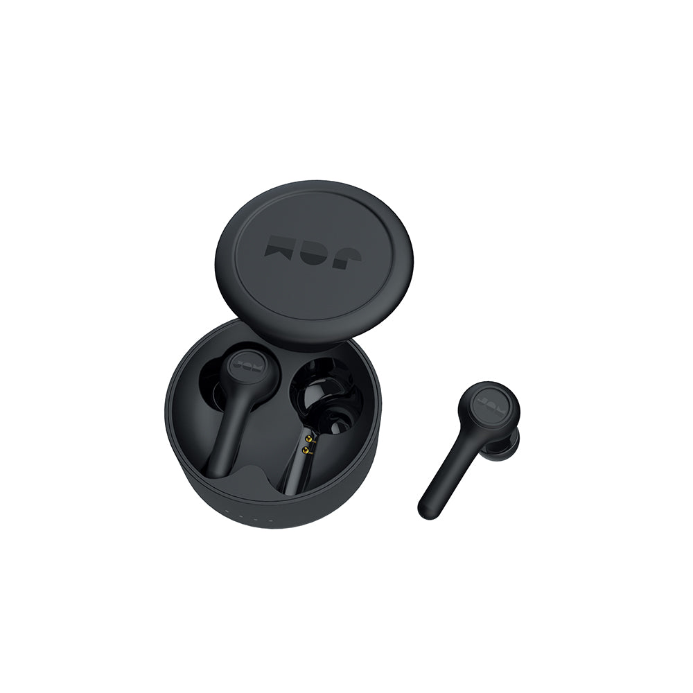 A pair of JAM-AUDIO Jam True Wireless In-Ear Executive Headphones in black, with a matching round charging case and one earbud outside, shown on a white background for true wireless hands-free calling.