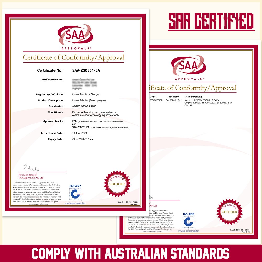 Two certificates of conformity/approval issued by SAA Approvals are shown. The certificates are labeled with "SAA Certified" and "Comply with Australian Standards," ensuring that your 20W SupRShield Dual PD & USB Type-C Fast Charging Wall Plug Charger Adapter by Generic adheres to the highest safety and performance criteria.