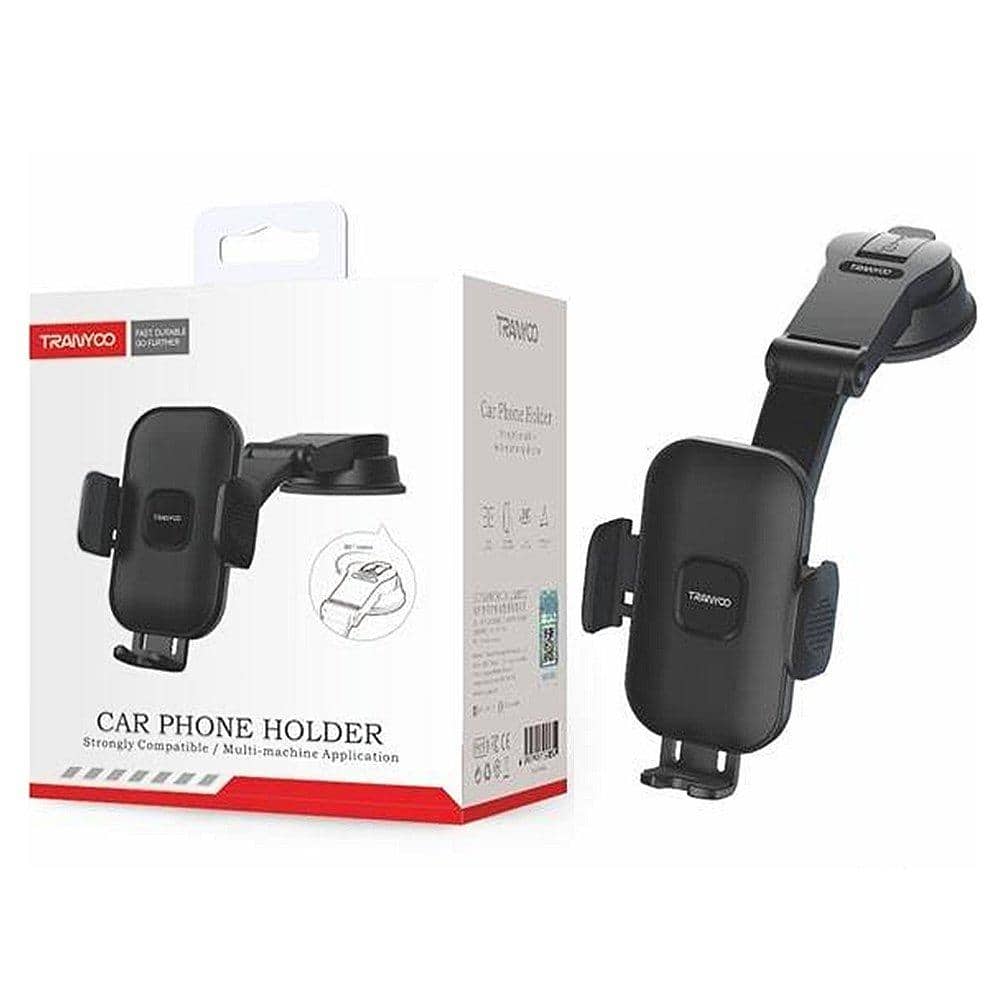 Image of a TRANYOO T-Z18 Windshield/Dashboard Phone Mount Holder with its packaging. The telescopic arm design makes it versatile as both a dashboard mount and windshield holder, ensuring secure placement for your device.