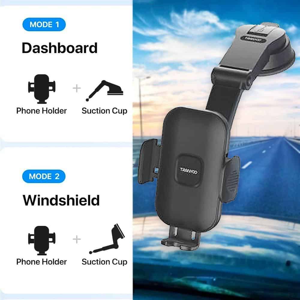 Image showing the TRANYOO T-Z18 Windshield/Dashboard Phone Mount Holder by Tranyoo, designed for safe driving. Two installation modes are depicted: Mode 1 for the dashboard using the strong suction cup, and Mode 2 for the windshield, also using the strong suction cup.
