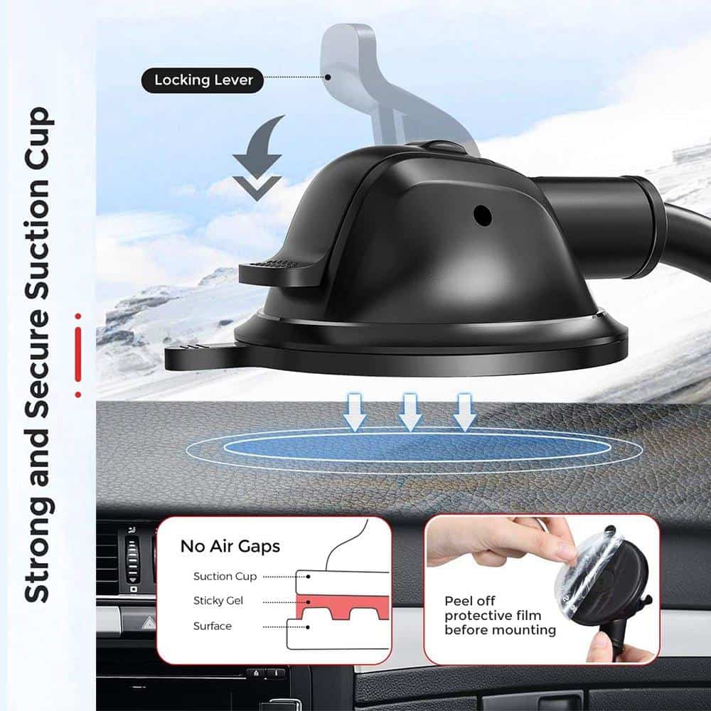 Image of the Tranyoo TRANYOO T-Z18 Windshield/Dashboard Phone Mount Holder with a black, strong suction cup being attached to a car dashboard. Text reads, "Strong and Secure Suction Cup," with instructions for use and a diagram illustrating proper installation for safe driving.