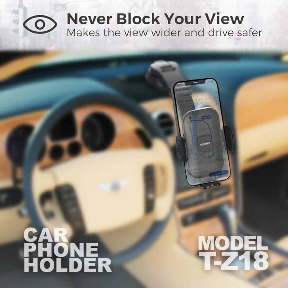 The TRANYOO T-Z18 Windshield/Dashboard Phone Mount Holder by Tranyoo features a strong suction cup and telescopic arm design, securely attaching to the dashboard or windshield while displaying your phone with GPS navigation. The text reads: "Never Block Your View - Makes the view wider and drive safer.