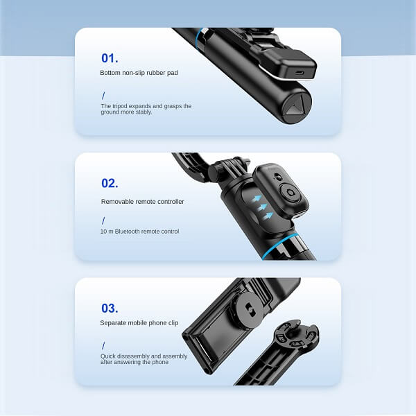 The C01S Selfie Stick Tripod with Detachable Phone Bracket and Wireless Bluetooth Remote (with Light) by Generic has three designated features:
1. A bottom non-slip rubber pad ensuring stability.
2. A removable remote controller with a 10m wireless Bluetooth range.
3. A separate mobile phone clip that doubles as a detachable phone bracket for convenient disassembly and assembly.
