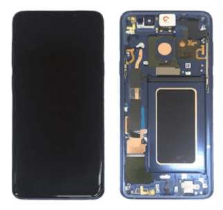 Two smartphones are shown: one displays the screen, the other shows internal components—perfect for illustrating a Cirrus-link Screen Samsung S9 Plus Service Pack – Blue replacement.