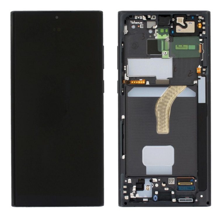 A Cirrus-link Screen Samsung S22 Ultra Service Pack – White is shown: the left side displays the screen, while the right reveals internal components with the back cover removed.