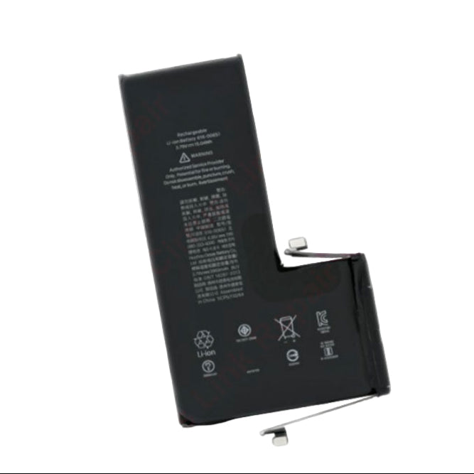The Cirrus-link Battery Replacement for Apple iPhone 11 Pro Max is a black Li-ion battery with white print, an L-shaped design, and bottom connector tabs—perfect for extending your device’s life.