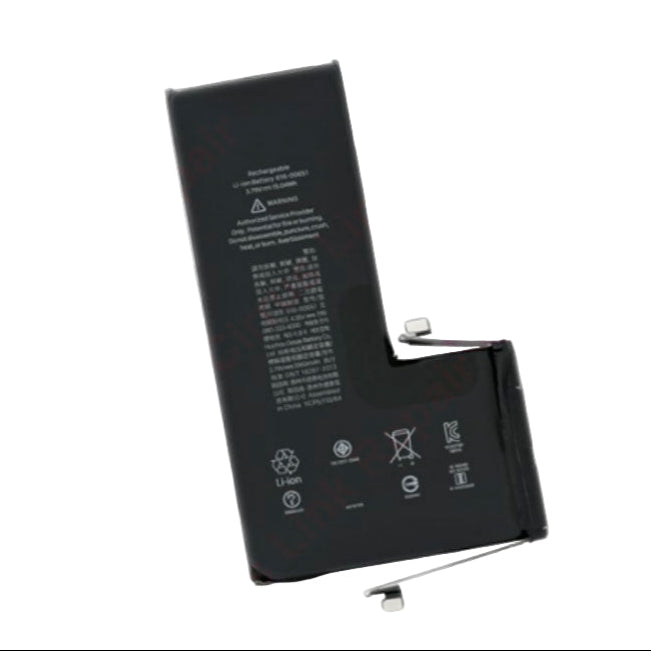 The Cirrus-link Battery Replacement - Apple iPhone 11 Pro Li-ion Battery features a rectangular, bent design with printed specs, symbols, and two metal connectors—perfect for dependable iPhone 11 Pro battery replacement.
