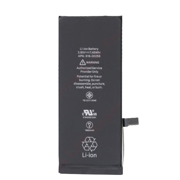 The Cirrus-link Battery Replacement - Apple iPhone 7 Li-ion Battery features printed safety info, 3.80V, 7.45Wh, and 1960mAh capacity, plus a side connector—perfect as an iPhone 7 replacement battery.