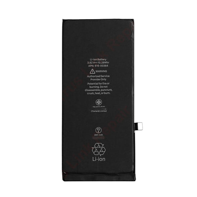 The Cirrus-link Battery Replacement for Apple iPhone 8 Plus is a rectangular Li-ion battery with printed warning labels, service icons, and a right-side connector tab—perfect as a replacement option.