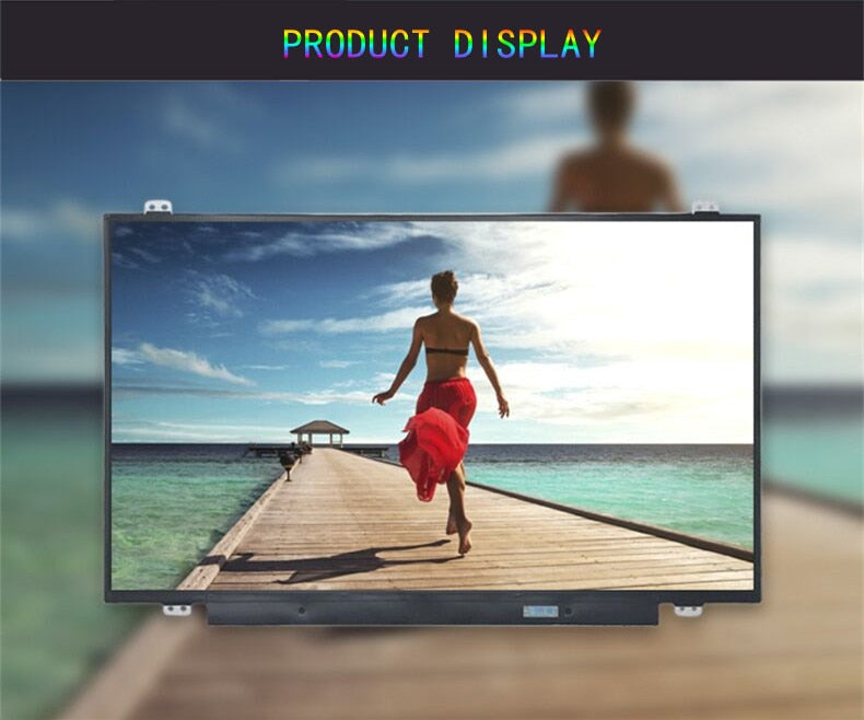 The Cirrus-link Screen Replacement - LCD Non-Touch Screen Panel 5D10K81097 NT156WHM-N42 (15.6") displays a woman in a red skirt running on a wooden pier to a gazebo over blue water under a bright sky.