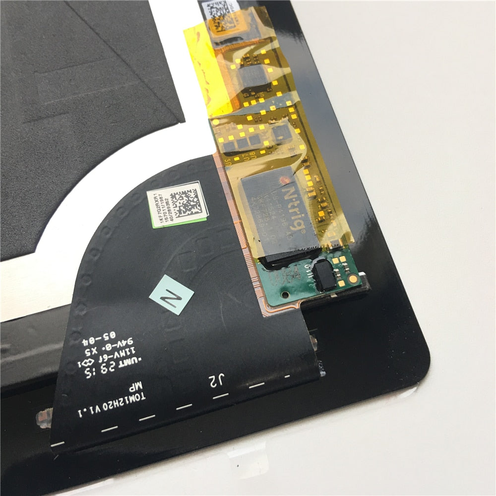 Close-up of Cirrus-link Screen Replacement for Microsoft Surface PRO 3 1631 V1.1, showing the LTL120QL01 LCD Touch Screen Digitizer Assembly’s circuit board and ribbon cables in its black plastic housing—ideal for repairs.